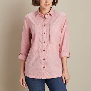 Duluth Trading Co Pink Hemp Blend Shirt sz L Button Down Rolled Long Sleeves